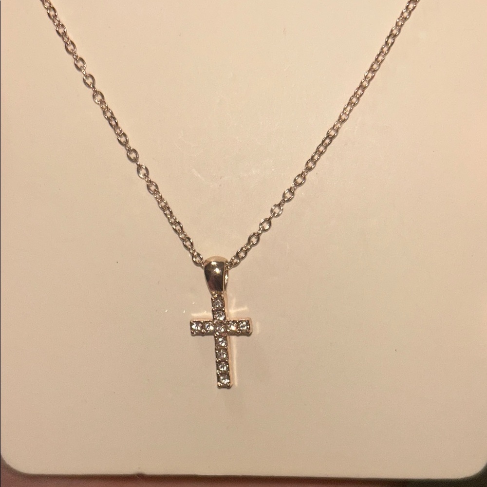 Elegant Rose Gold Sparkle Cross Pendant Necklace 45cm Chain